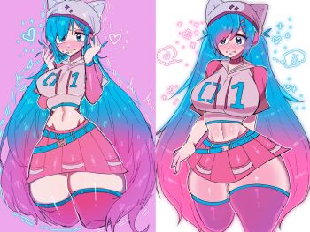 ! !! 1girl alternate_breast_size_(larger) alternate_costume animal_ears before_and_after belt blue_eyes blue_hair blush crying dore2801 dual_persona embarrassed fake_animal_ears gradient_hair hat hatsune_miku headphones heart_(symbol) jacket long_hair microphone multicolored_hair navel one_eye_covered pink_background pink_hair skirt tears thighhighs very_long_hair vocaloid white_background