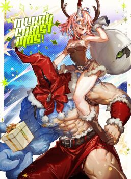 1boy 1girl abs animal_collar antlers arm_up armpits bare_shoulders belt belt_buckle black_eyes blue_eyes blue_hair boots bow bowtie box bracer braid breasts brown_belt brown_boots brown_gloves brown_leotard brown_skirt buckle christmas cleavage collar colored_sclera commentary creature crystal crystal_horns fake_antlers fang fur-trimmed_boots fur-trimmed_gloves fur-trimmed_hood fur-trimmed_skirt fur_trim gift gift_box gloves green_sclera hair_between_eyes hat hat_on_horn heterochromia holding holding_gift holding_sack hood hood_up horns killing_me/killing_you large_pectorals leotard looking_at_viewer medium_breasts medium_hair merry_christmas miniskirt mithia_(killing_me/killing_you) muscular muscular_male mutation narita_imomushi nipples one-eyed open_mouth orange_eyes pectorals pink_hair pom_pom_(clothes) red_bow red_bowtie red_collar red_hood red_shorts red_skirt reindeer_antlers ribbon sack santa_hat shorts shorts_under_skirt showgirl_skirt side_slit single_horn sitting_on_shoulder skirt slit_pupils smile standing star_(symbol) strapless strapless_leotard teeth thighs torn_sack upper_teeth_only veins veiny_arms yaboyou yellow_ribbon youthanasia_(killing_me/killing_you) zipper zipper_pull_tab