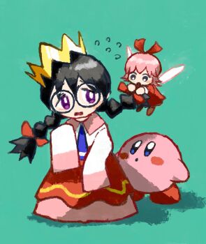 Rule 34 | 2girls, aruco co, black hair, bow, braid, colored skin, crown, fairy, fairy wings, flying sweatdrops, green background, hair bow, highres, kirby, kirby (series), kirby 64, long hair, low twin braids, multiple girls, nintendo, pink hair, pink skin, purple eyes, red bow, ribbon (kirby), ripple star queen, simple background, skirt, sleeves past fingers, sleeves past wrists, twin braids, wings