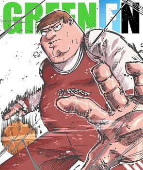 1boy ball basketball_(object) basketball_uniform brown_hair cleft_chin dribbling_(basketball) family_guy fat fat_man highres jegssart looking_at_viewer male_focus peter_griffin red_shorts red_tank_top shirt short_hair shorts solo sportswear sweat tank_top very_short_hair white_shirt