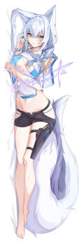 1girl absurdres animal_ears arknights barefoot bikini black_shorts blue_bikini blue_hair breasts cleavage closed_mouth commentary_request dakimakura_(medium) full_body hair_between_eyes head_on_pillow highres kolimiya large_breasts large_tail long_hair looking_at_viewer lying navel official_alternate_costume on_side pillow provence_(arknights) provence_(casual_vacation)_(arknights) shirt short_shorts shorts signature smile solo swimsuit tail white_background white_shirt wolf_ears wolf_tail yellow_eyes