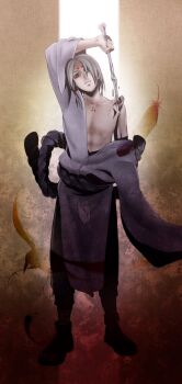 1boy arm_up bandages bone bone_weapon closed_mouth commentary curse_seal dark_background dynamic_pose eyeliner facial_mark feathers forehead_mark full_body hair_bobbles hair_ornament hashtag-only_commentary holding holding_weapon japanese_clothes kaguya_kimimaro kimono looking_up makeup male_focus mangekyou93 medium_hair monster_boy naruto_(classic) naruto_(series) open_clothes open_kimono pale_skin purple_kimono red_eyeliner rope rope_belt sandals serious shimenawa side_ponytail solo standing torso weapon white_background white_hair