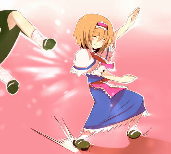 Rule 34 | 2girls, alice margatroid, ayuki (47881314), black footwear, black skirt, blue dress, blush, capelet, closed mouth, commentary request, cookie (touhou), dress, frilled hairband, frilled necktie, frilled sash, frills, full body, hair between eyes, hairband, highres, hinase (cookie), kirisame marisa, long bangs, mary janes, multiple girls, necktie, orange hair, pink background, pink hairband, pink necktie, pink sash, sash, shoes, short hair, skirt, smile, socks, solo focus, throwing, throwing person, touhou, uzuki (cookie), white capelet, white socks