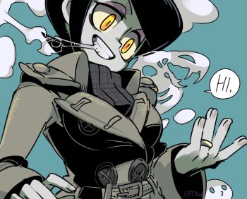 1girl 770mk belt black_hair blue_background breasts brown_belt brown_coat buttons coat colored_skin double-breasted english_text grey_scarf grey_skin grin hand_on_own_hip head_tilt impossible_clothes jewelry large_breasts long_sleeves original plaid_clothes plaid_scarf ring scarf short_hair simple_background smile smoke smoke_from_mouth snake solo speech_bubble swept_bangs upper_body wedding_ring wide-eyed yellow_eyes