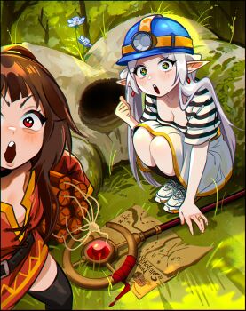 2girls absurdres belt black_socks black_thighhighs breasts brown_hair commentary crossover dappled_sunlight day dress dynamite earrings elf english_commentary explosive flower forest frieren highres jewelry kono_subarashii_sekai_ni_shukufuku_wo! long_hair looking_at_viewer mage_staff medium_breasts megumin mining_helmet multiple_girls nature open_mouth outdoors pointy_ears red_dress red_eyes ring shirt shoes short_hair_with_long_locks skirt small_breasts sneakers snegovski socks sousou_no_frieren sparkling_eyes squatting staff standing striped_clothes striped_shirt sunlight thighhighs thighs treasure_map tree twintails v-shaped_eyebrows very_long_hair wedding_ring white_skirt