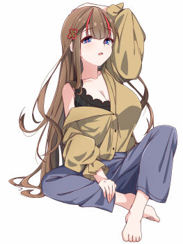 Rule 34 | + +, 1girl, baggy pants, barefoot, black bra, bra, breasts, brown eyes, brown shirt, chinese knot, cleavage, commission, flower-shaped pupils, hair ornament, hairpin, highres, hiro (pqtks113), long hair, looking at viewer, multicolored hair, multiple hairpins, pants, pink pupils, red streaks, scratching head, senran kagura, shirt, sitting, skeb commission, solo, streaked hair, symbol-shaped pupils, toki (senran kagura), underwear, white background