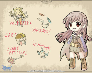 1girl :d alchemist_(ragnarok_online) axe belt bird blue_bird blunt_bangs boots braid brown_background brown_belt brown_cape brown_dress brown_hair cape chibi chibi_only child&#039;s_drawing copyright_notice cross dress elbow_gloves filir_(ragnarok_online) fingerless_gloves flat_chest fur_collar gloves guest_art half_up_braid leaf logo long_hair mortar_(bowl) official_art official_wallpaper open_mouth pestle pullcart purple_gloves ragnarok_online red_eyes short_dress simple_background smile solo strapless strapless_dress uragawa_(uraga_iori) valkyrie_(ragnarok_online) vial