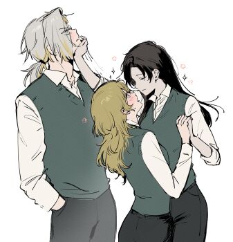 1boy 2girls 7011yu absurdres black_hair black_pants blonde_hair blonde_streaks closed_mouth collared_shirt cowboy_shot demian_(project_moon) genderswap genderswap_(ftm) genderswap_(mtf) green_sweater_vest highres kromer_(project_moon) limbus_company long_hair looking_at_viewer low_ponytail multiple_girls open_mouth pants ponytail project_moon pushing_away shirt sinclair_(project_moon) smile sparkle sweater_vest white_hair white_shirt yellow_eyes