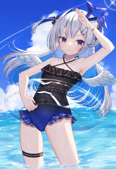 absurdres amane_kanata aqua_wings arm_up armpits bare_shoulders black_bow black_one-piece_swimsuit blue_sky blush bow bracelet breasts closed_mouth cloud collarbone commentary_request covered_navel grey_hair hair_between_eyes highres hololive jewelry long_hair looking_at_viewer multicolored_hair ocean one-piece_swimsuit pink_hair purple_eyes runlan_0329 single_hair_intake sky small_breasts smile streaked_hair swimsuit thigh_strap thighs tilted_halo very_long_hair virtual_youtuber wet white_wings wings