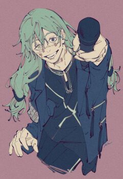 1boy arm_up black_jacket black_pants black_shirt blue_eyes commentary cropped_legs cursed_spirit_(jujutsu_kaisen) double-parted_bangs film_grain green_hair grey_eyes grin hair_between_eyes heterochromia highres holding holding_microphone jacket jewelry jujutsu_kaisen lapels long_hair mahito_(jujutsu_kaisen) male_focus microphone mim_(mimya0600) necklace open_clothes open_jacket outstretched_arm pants shirt simple_background smile solo stitched_face stitched_neck stitches teeth