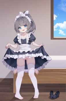 1girl 1other absurdres apron assisted_exposure bed bedroom black_dress black_shoes blue_eyes brown_hair clothes_lift cloud disembodied_hand dress dress_lift full_body gluteal_fold highres indoors lifting_own_clothes loli long_hair looking_at_viewer maid maid_headdress no_shoes open_mouth original panties panty_pull ponytail pulling_another&#039;s_clothes pussy ribbon shoes short_sleeves sky standing takahashi_yuri_(hfdyzhsr) thighhighs thighs underwear undressing_another unworn_shoes white_apron white_panties white_ribbon white_thighhighs window wooden_floor