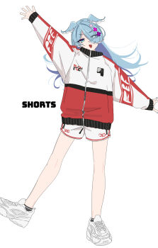 1girl anime_coloring aqua_eyes arm_up black_socks blue_hair blue_nails blue_wings diamond-shaped_pupils diamond_(shape) dolphin_shorts elira_pendora english_text eyes_visible_through_hair feathered_wings full_body hair_ornament hair_over_one_eye hairclip head_wings highres jacket long_hair long_sleeves looking_at_viewer multicolored_jacket nijisanji nijisanji_en npppiyo open_mouth parallel_hairclips red_jacket red_shorts shoes short_shorts shorts sleeves_past_wrists smile sneakers socks solo standing standing_on_one_leg symbol-shaped_pupils track_jacket two-tone_jacket two-tone_shorts v-shaped_eyebrows variant_set virtual_youtuber white_background white_jacket white_shoes white_shorts wings zipper zipper_pull_tab