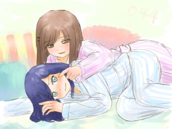 2girls adachi_sakura adachi_to_shimamura blue_hair blue_pajamas blue_pants blue_shirt brown_eyes brown_hair commentary_request green_eyes highres long_hair m107_hoge multiple_girls pajamas pants parted_lips pink_pajamas pink_pants pink_shirt shimamura_hougetsu shirt smile striped_clothes striped_pants striped_shirt yuri