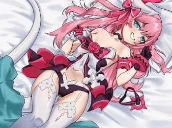 1girl areola_slip asymmetrical_gloves bare_shoulders black_dress black_gloves black_panties blue_eyes breasts commentary commission dress english_commentary garter_straps gloves grin highres honkai_(series) honkai_impact_3rd horns long_hair lying mismatched_gloves on_back on_bed panties pillow pink_hair rozaliya_olenyeva single_horn small_breasts smile solo tail thighhighs thighs underwear very_long_hair white_garter_straps white_gloves white_thighhighs zancrowkami
