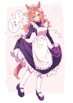 Rule 34 | 1girl, amano (amano miko), animal ears, apron, black dress, blush, breasts, commentary request, dress, full body, hair between eyes, highres, horse ears, horse girl, horse tail, long hair, long sleeves, looking at viewer, maid, maid apron, maid headdress, open mouth, orange hair, orange tail, pantyhose, purple eyes, shoes, skirt hold, smile, solo, speech bubble, t.m. opera o (umamusume), tail, umamusume, white apron, white headdress, white pantyhose
