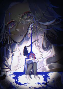 5boys absurdres aotsuki_eito black_gloves black_hair black_pants black_shoes blood blue_blood blue_eyes blue_jacket clone colored_eyelashes commentary corpse crack cracked_glass eyelashes eyeliner gloves grey_hair gui-00 highres jacket long_sleeves makeup male_focus multicolored_hair multiple_boys pants red_eyeliner red_hair shoes short_hair sneakers spoilers streaked_hair sumino_takumi symbol-only_commentary the_hundred_line_-last_defense_academy- thigh_strap two-tone_hair white_gloves white_jacket white_shoes