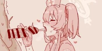 Rule 34 | 1boy, 1girl, anonymous (japanese), bar censor, blue archive, blush, censored, closed eyes, clothed female nude male, cross halo, cum, cum in mouth, feather hair, fellatio, gloved handjob, gloves, hair ribbon, halo, handjob, hat, heart, hetero, imageboard colors, lowres, maibotsumou, medium hair, monochrome, nude, nurse cap, one side up, open mouth, oral, penis, projectile cum, red theme, ribbon, serina (blue archive), simple background, solo focus, third-party source