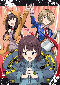 3girls ;d absurdres animal animal_hood animal_on_head arm_up asakura_karen_(heaven_burns_red) atnamiret black_hair blazer blonde_hair blue_eyes blue_hoodie blue_jacket blue_shirt blush bow bowtie brown_hair brown_skirt cat_hood cat_tail collared_shirt commentary_request crossover electric_guitar fang girls_band_cry grey_jacket guitar hair_ornament hair_over_one_eye hairclip heaven_burns_red highres holding holding_instrument holding_microphone holding_plectrum hood hood_up hooded_jacket hoodie instrument iseri_nina jacket kayamori_ruka long_hair long_sleeves looking_at_viewer low_twintails microphone multiple_girls music necktie on_head one_eye_closed open_clothes open_jacket open_mouth orange_eyes orange_hoodie orange_jacket plaid_clothes plaid_skirt pleated_skirt plectrum red_bow red_bowtie red_eyes red_necktie school_uniform shirt short_hair short_twintails singing skirt smile tail twintails v-shaped_eyebrows white_shirt yellow_eyes