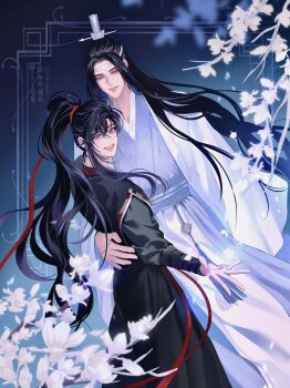 Rule 34 | 2boys, ahoge, bishounen, black hair, black hanfu, branch, chinese clothes, closed mouth, couple, falling petals, flower, hair ribbon, hand on another's waist, hanfu, headband, height difference, high ponytail, highres, hug, lan wangji, long hair, long sleeves, looking at viewer, looking back, male focus, modao zushi, multiple boys, open mouth, petals, ponytail, purple eyes, red ribbon, ribbon, robe, sidelocks, smile, standing, tjtmxltjtmxl, topknot, twitter username, very long hair, watermark, wei wuxian, white flower, white hanfu, white headband, wide sleeves, xiao guan (headdress), yaoi, yellow eyes