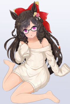 1girl absurdres alternate_costume animal_ears barefoot bespectacled black-framed_eyewear blush bow braid breasts brown_hair commentary_request daiichi_ruby_(umamusume) drill_hair glasses highres horse_ears horse_girl horse_tail long_hair looking_at_viewer m172/minatsu off-shoulder_sweater off_shoulder parted_lips pink_eyes red_bow round_eyewear simple_background sitting sleeves_past_fingers sleeves_past_wrists small_breasts solo sweater tail umamusume very_long_hair white_background white_sweater yokozuwari