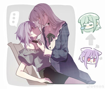 ... 2girls absurdres animal_ears bang_dream! bang_dream!_it&#039;s_mygo!!!!! black_choker black_skirt blue_dress blush cat_ears cat_girl chinese_commentary choker choker_pull closed_mouth commentary_request dog_ears dog_girl dress eye_contact frilled_choker frills green_hair grey_shirt haobuguniao highres kemonomimi_mode long_hair long_sleeves looking_at_another multiple_girls pink_eyes plaid_clothes plaid_dress purple_hair shirt short_sleeves skirt spoken_ellipsis sweat sweatdrop unmoving_pattern wakaba_mutsumi yellow_eyes yuri yuutenji_nyamu