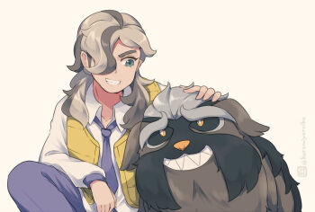 1boy arven_(pokemon) black_hair blue_eyes brown_background collarbone collared_shirt dress_shirt grey_hair grin hair_over_one_eye hand_on_another&#039;s_head kuromiya long_sleeves mabosstiff male_focus multicolored_hair necktie nintendo one-hour_drawing_challenge pants pokemon pokemon_(creature) pokemon_sv puffy_long_sleeves puffy_sleeves purple_necktie purple_pants sharp_teeth shirt simple_background smile squatting teeth thick_eyebrows twitter_username two-tone_hair v-shaped_eyebrows vest white_shirt yellow_vest