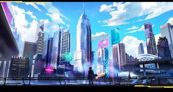 Rule 34 | 1other, amazon (company), ambiguous gender, blue sky, border, bridge, building, cityscape, cloud, cloudy sky, commentary, day, english commentary, from behind, gjb870216, google, highres, original, outdoors, scenery, silhouette, sky, skyline, skyscraper, standing