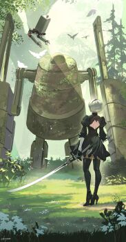 1girl 2b_(nier:automata) artist_name back_cutout bird black_boots black_dress black_gloves black_hairband boots clothing_cutout commentary_request day dress facing_away feather-trimmed_sleeves flower forest from_behind gloves grass grey_hair hairband high_heel_boots high_heels highres holding holding_sword holding_weapon juliet_sleeves long_sleeves machine_(nier) nature nekoyana nier:automata nier_(series) outdoors pod_(nier:automata) puffy_sleeves robot short_hair standing sword thigh_boots tree virtuous_contract weapon white_flower