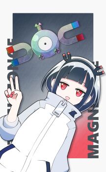 1girl black_hair black_hairband blunt_bangs character_name commentary crossover gen_1_pokemon grey_sweater hairband hand_up highres jitomi_monoe looking_at_viewer magnemite magnet nintendo onpa_(onpa_sound) pokemon pokemon_(creature) red_eyes red_nails sidelocks sweater symbol-only_commentary trait_connection two-tone_sweater v virtual_youtuber voms white_sweater