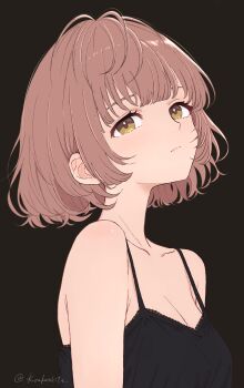 1girl absurdres black_background breasts brown_eyes brown_hair camisole highres idolmaster idolmaster_shiny_colors ikuta_haruki koukashita lace-trimmed_camisole lace_trim looking_up medium_breasts short_hair simple_background solo twitter_username upper_body