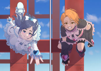 2girls bike_shorts black_capelet black_gloves black_hair black_leg_warmers black_shorts black_skirt black_sleeves bow brown_hair capelet cure_black cure_white detached_sleeves dress earrings fingerless_gloves frilled_capelet frilled_skirt frills futari_wa_precure gloves grin hair_bow hair_ornament heart heart_earrings heart_hair_ornament highres jewelry leg_warmers long_hair long_sleeves looking_at_viewer miniskirt multiple_girls outdoors pink_bow precure short_hair short_shorts short_sleeves shorts shorts_under_skirt skirt sleeves_past_wrists smile split_screen very_long_hair wakagon0727 white_bow white_dress white_sleeves