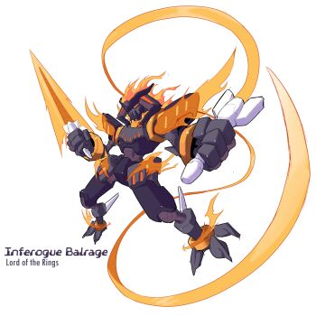 Rule 34 | 2000s (style), armor, balrog (tolkien), black armor, character name, commentary, copyright name, energy sword, energy whip, english commentary, fire, full body, highres, holding, holding sword, holding weapon, humanoid robot, karakatodzo, mechanization, mega man (series), mega man zero (series), nakayama tooru (style), parody, red eyes, robot, style parody, sword, the lord of the rings, tolkien's legendarium, weapon, whip