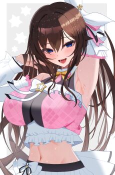 1girl absurdres arm_behind_head arm_up armpit_focus armpits arms_up blue_eyes blush breasts brown_hair commentary hair_flaps hair_ornament hair_ribbon hairclip hamadi highres hololive large_breasts long_hair looking_at_viewer navel open_mouth presenting_own_armpit ribbon shirt skirt sleeveless smile solo star_(symbol) star_hair_ornament sweat tokino_sora untranslatable_commentary virtual_youtuber