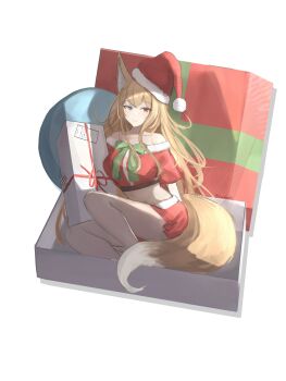 1girl absurdres animal_ears bare_shoulders blonde_hair blue_eyes box closed_mouth collarbone commentary crop_top cropped_shirt dress fox_girl fox_tail full_body fur-trimmed_dress fur-trimmed_headwear fur-trimmed_shirt fur_trim gift green_ribbon hat heterochromia highres holding holding_box in_box in_container legs long_hair looking_at_viewer midriff miniskirt navel off-shoulder_shirt off_shoulder original red_eyes red_hat red_skirt ribbon santa_hat shirt short_sleeves simple_background skirt solo tail thighs vincentime white_background