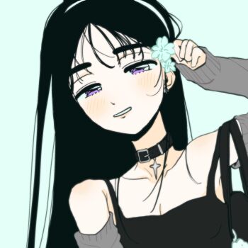 1girl alien_stage alternate_costume black_choker black_hair black_tank_top choker coldmeow commentary detached_sleeves flower grey_sleeves hair_flower hair_ornament hairband hashtag-only_commentary highres long_hair long_sleeves official_alternate_hair_length official_alternate_hairstyle purple_eyes smile solo sua_(alien_stage) tank_top white_flower white_hairband