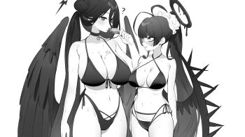 Rule 34 | 2girls, absurdres, bikini, blood, blood halo, blue archive, breasts, choker, feathered wings, food, front-tie bikini top, front-tie top, hair between eyes, hair bun, halo, hasumi (blue archive), hasumi (swimsuit) (blue archive), highres, holding, holding food, holding popsicle, huge breasts, large breasts, liquid halo, long hair, long hair between eyes, looking at another, melting popsicle, multiple girls, navel, official alternate costume, official alternate hairstyle, ponytail, popsicle, ramuri, sideboob, stomach, sweatdrop, swimsuit, tsurugi (blue archive), tsurugi (swimsuit) (blue archive), wings