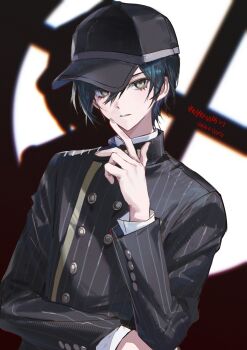 Rule 34 | 1boy, baseball cap, black hat, black jacket, blue hair, buttons, character name, copyright name, danganronpa (series), danganronpa v3: killing harmony, doran (doran7280), double-breasted, finger to own chin, fingernails, hair between eyes, hat, highres, jacket, long sleeves, looking at viewer, male focus, parted lips, saihara shuichi, shadow, short hair, solo, striped clothes, striped jacket, upper body, vertical-striped clothes, vertical-striped jacket, yellow eyes