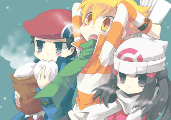 1girl 2boys arms_behind_head arms_up barry_(pokemon) beanie beret black_hair blonde_hair blue_jacket blush dawn_(pokemon) dumpling eating expressionless floating_hair food green_scarf grey_eyes hat jacket looking_ahead looking_at_viewer lucas_(pokemon) multiple_boys nintendo open_mouth pokemon pokemon_dppt red_hat scarf shirt striped_clothes striped_shirt upper_body wavy_mouth white_scarf yellow_eyes yuzuki_gao