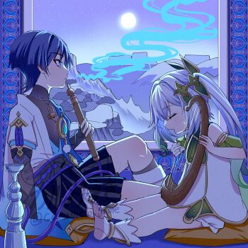 1boy 1girl anklet arm_at_side armlet artist_name belt black_belt black_bodysuit black_bow black_shorts bloomers blue_gemstone blue_sleeves bodysuit bow cable caramelo_game closed_eyes closed_mouth colored_tips detached_sleeves dress eyelashes eyeliner eyeshadow facing_another feathers full_moon gem genshin_impact gold gold_trim green_hair green_sleeves hair_intakes hakama hakama_shorts han&#039;eri harp high_side_ponytail highres holding_harp hookah indoors instrument japanese_clothes jewelry kimono layered_kimono layered_sleeves leg_warmers long_hair looking_up makeup mandarin_collar middle_eastern_architecture moon moonlight mountainous_horizon multicolored_hair music nahida_(genshin_impact) night night_sky open_clothes open_kimono open_mouth pillow pink_eyeshadow playing_instrument pleated_shorts pom_pom_(clothes) purple_eyes purple_hair purple_rope purple_sash red_eyeliner rope sash scaramouche_(genshin_impact) short_sleeves shorts sidelocks sitting sky smoke socks stirrup_footwear toes twitter_username underwear vision_(genshin_impact) wanderer_(genshin_impact) watermark white_bloomers white_dress white_hair white_leg_warmers white_sleeves white_socks yellow_feathers