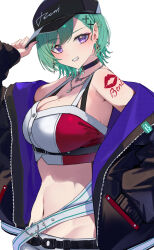 Rule 34 | 1girl, absurdres, bare shoulders, baseball cap, belt, black belt, black choker, black hat, black jacket, bra strap, breasts, bustier, character name, chest belt, choker, crop top, earrings, from side, green hair, grin, hair behind ear, hair ornament, hand in pocket, hat, highres, jacket, jewelry, large breasts, long sleeves, looking at viewer, loose belt, mole, mole on breast, navel, necklace, off shoulder, pants, pierced hat, purple eyes, purple jacket, red bustier, shiro marimo, short hair, shoulder tattoo, simple background, smile, solo, stomach, strap gap, tattoo, triangle earrings, two-sided fabric, two-sided jacket, underbust, virtual youtuber, vspo!, white background, white belt, white bustier, white pants, x hair ornament, yakumo beni, yakumo beni (4th costume), zipper
