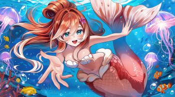 1girl :d absurdres air_bubble artist_name bikini blue_eyes blush breasts bubble commentary commission coral double-parted_bangs english_commentary fingernails fish full_body hair_between_eyes hair_intakes hair_ornament harunaki highres indie_virtual_youtuber jellyfish large_breasts long_hair looking_at_viewer mermaid mermaidselphy_(vtuber) monster_girl navel offering_hand open_hand open_mouth orange_hair shell shell_bikini smile solo starfish_hair_ornament submerged swimming swimsuit virtual_youtuber water white_bikini