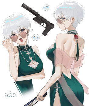 1girl absurdres adjusting_eyewear arm_under_breasts ass back backless_dress backless_outfit bare_shoulders blush breasts china_dress chinese_clothes cleavage cleavage_cutout clothing_cutout dress earrings folding_fan green_dress gun hand_fan handgun highres holding holding_fan holding_gun holding_weapon indie_virtual_youtuber jewelry k_hottok large_breasts looking_at_viewer looking_over_eyewear multiple_views necklace open_mouth round_eyewear short_hair signature simple_background sleeveless sleeveless_dress sunglasses tinted_eyewear virtual_youtuber weapon white_background white_hair