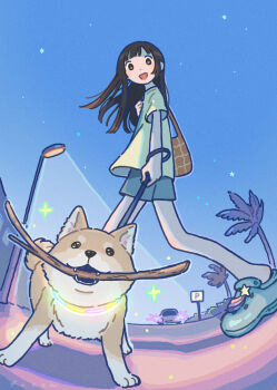 +_+ 1girl :d adversarial_noise animal bag black_hair blue_shoes blue_shorts car crocs dog fisheye fucca handbag holding holding_leash lamppost leash long_hair motor_vehicle night open_mouth original palm_tree rgb_lights shiba_inu shoes shorts sky smile star_(sky) star_(symbol) starry_sky stick tree