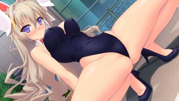 1girl 3: animal_ears bare_legs bare_shoulders black_leotard blonde_hair blush bow bowtie breasts bush covered_erect_nipples detached_collar dutch_angle earrings embarrassed fake_animal_ears fence game_cg genseishinki_sacred_virth hair_between_eyes hair_intakes hair_ornament high_heels highleg highleg_leotard jewelry large_breasts large_variant_set leotard long_hair looking_at_viewer no_socks non-web_source nose_blush official_art outdoors playboy_bunny purple_eyes rabbit_ears red_bow red_bowtie shoes solo spread_legs squatting strapless strapless_leotard sweat tierna_aeride_throne variant_set very_long_hair wavy_hair yuugure_pairo