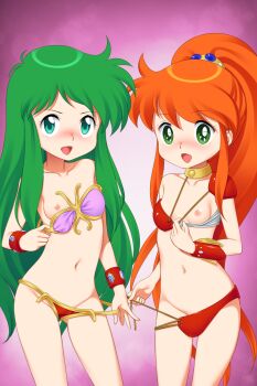 2girls armor ayanokouji_rem bikini bikini_armor bikini_pull blue_eyes blush bracer breasts caron_(rall) clothes_pull commentary_request commission commissioner_upload covered_erect_nipples crossover dream_hunter_rem flashing fugetsu_taku green_eyes green_hair groin highres loli long_hair looking_at_viewer multiple_girls navel nipples one_breast_out open_mouth orange_hair ponytail pulling_own_clothes sf_choujigen_densetsu_rall skeb_commission small_breasts smile swimsuit take_your_pick thighs trait_connection untied_bikini very_long_hair