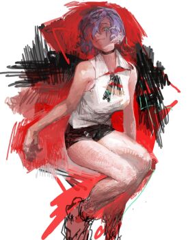 1girl black_choker black_ribbon black_shorts chainsaw_man choker closed_mouth collared_shirt green_eyes hakusaku highres looking_at_viewer neck_ribbon purple_hair reze_(chainsaw_man) ribbon shirt short_shorts shorts sleeveless sleeveless_shirt solo white_shirt