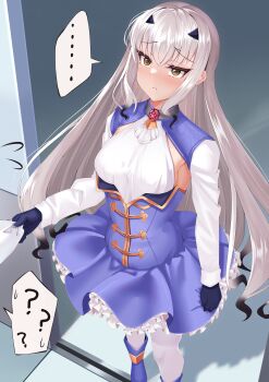 1girl absurdres black_gloves blue_boots blue_dress blush boots breasts dress fate/grand_order fate_(series) forked_eyebrows gloves highres long_hair long_sleeves looking_at_viewer melusine_(fate) melusine_(second_ascension)_(fate) raji_(largesaint2210) sidelocks small_breasts solo thighhighs white_hair white_thighhighs yellow_eyes