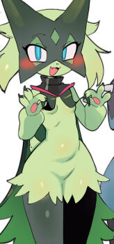 1girl :3 animal_hands animal_nose batrobin_k blue_eyes blush body_fur breasts cape claws commentary_request cowboy_shot fangs furry furry_female green_fur green_hair hands_up happy highres looking_at_viewer mask meowscarada nintendo open_mouth pokemon pokemon_(creature) simple_background small_breasts smile solo standing thighs white_background