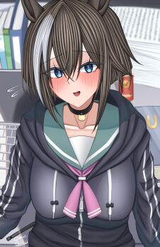 1girl absurdres animal_ears black_jacket blue_archive blush breasts brown_hair cheval_grand_(umamusume) choker commentary_request green_sailor_collar highres horse_ears horse_girl jacket kazusa_(blue_archive) looking_at_viewer medium_breasts medium_hair natsuyoshi_yuuko neckerchief pink_neckerchief sailor_collar shikachi translation_request umamusume voice_actor_connection