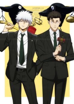 0ksiri0 2boys black_necktie black_suit commentary_request formal_clothes gintama hammer highres higuruma_hiromi holding holding_hammer jacket judge judgeman_(jujutsu_kaisen) jujutsu_kaisen lawyer male_focus multiple_boys necktie sakata_gintoki suit suit_jacket suit_pants